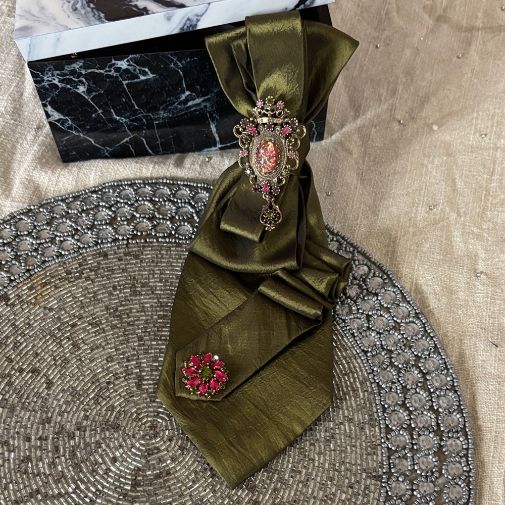Elegant Olive Green Brooch-Embellished Scarf